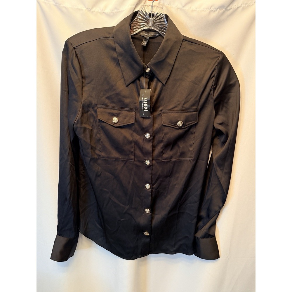 NWT White House Black Market WHBM Women's XS Long Sleeve Satin Shirt Black